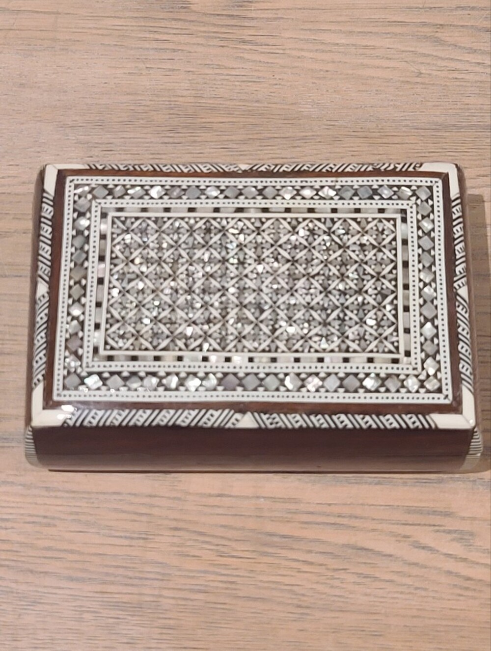 Vintage Handmade Egyptian Mother of Pearl Mosaic Inlay Wooden Jewelry Box